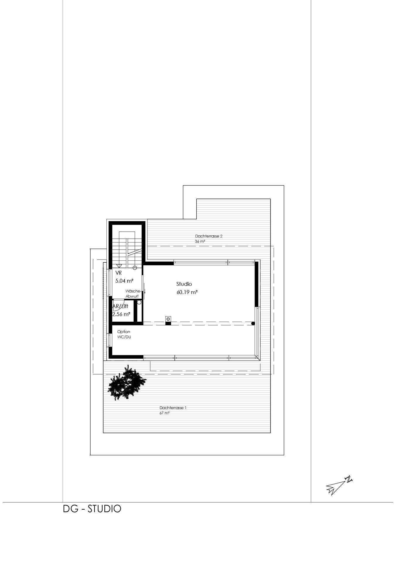 Grundriss des Dachgeschoss-Studios mit Dachterrasse und Abstellraum.