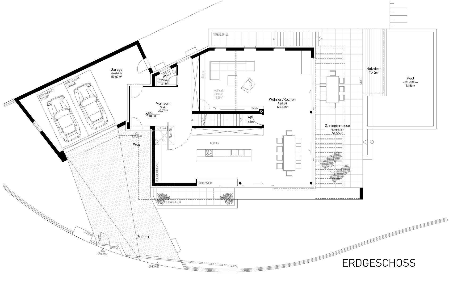 Grundriss des Erdgeschosses mit offenem Wohn-/Küchenbereich, Garage und Gartenterrasse.
