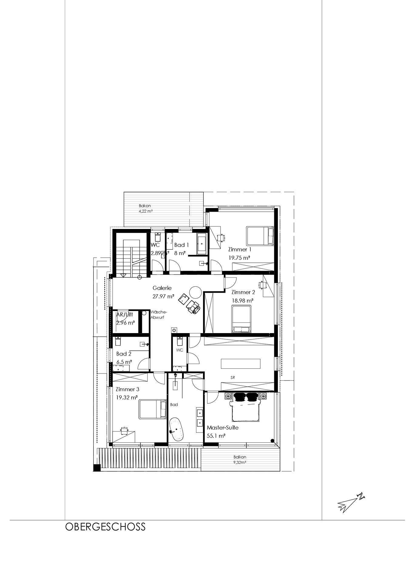 Grundriss des Obergeschosses mit drei Schlafzimmern, Bädern und Balkonzugang.