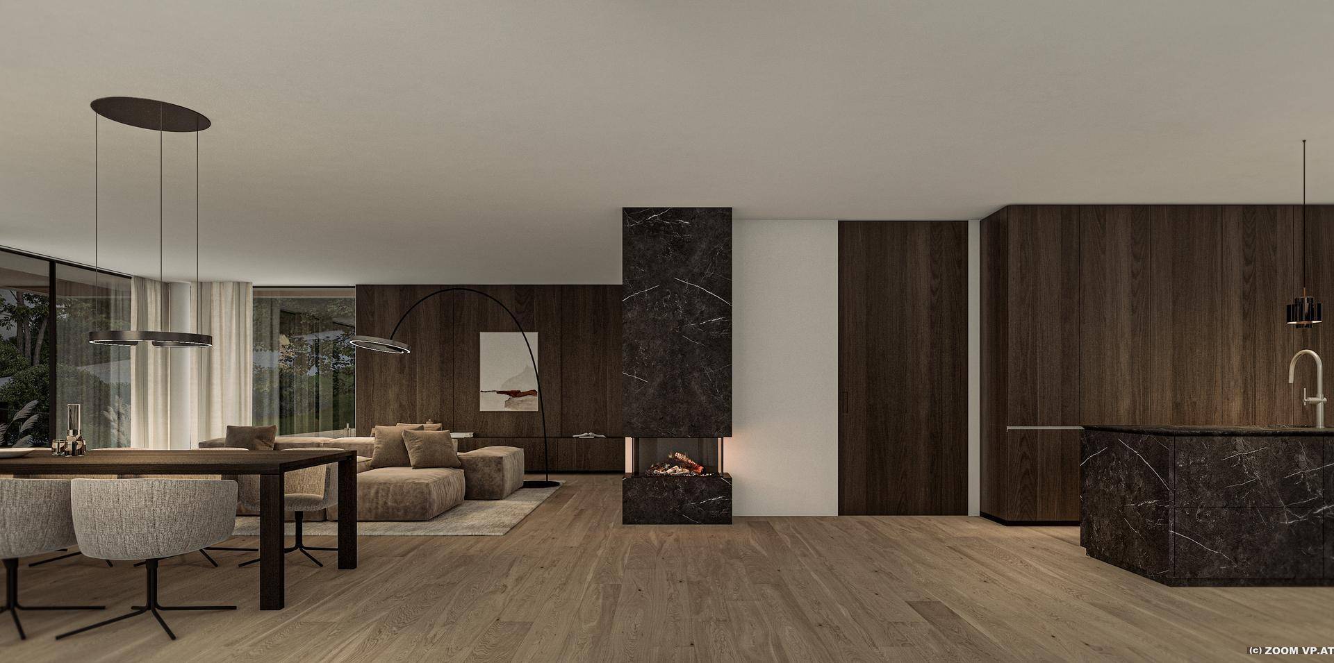 Geräumiger Wohnbereich mit integriertem Kamin, Holzwänden und offener Küche in modernem Design.