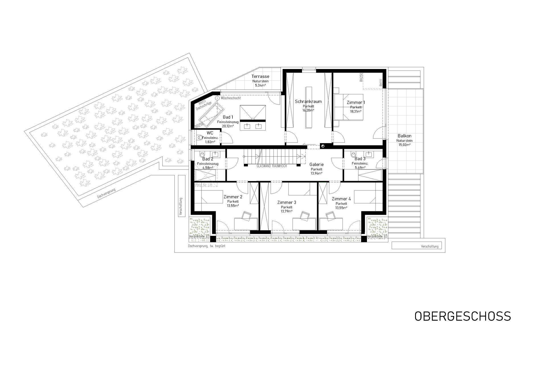 Grundriss des Obergeschosses mit mehreren Schlafzimmern, Bädern und Balkon.