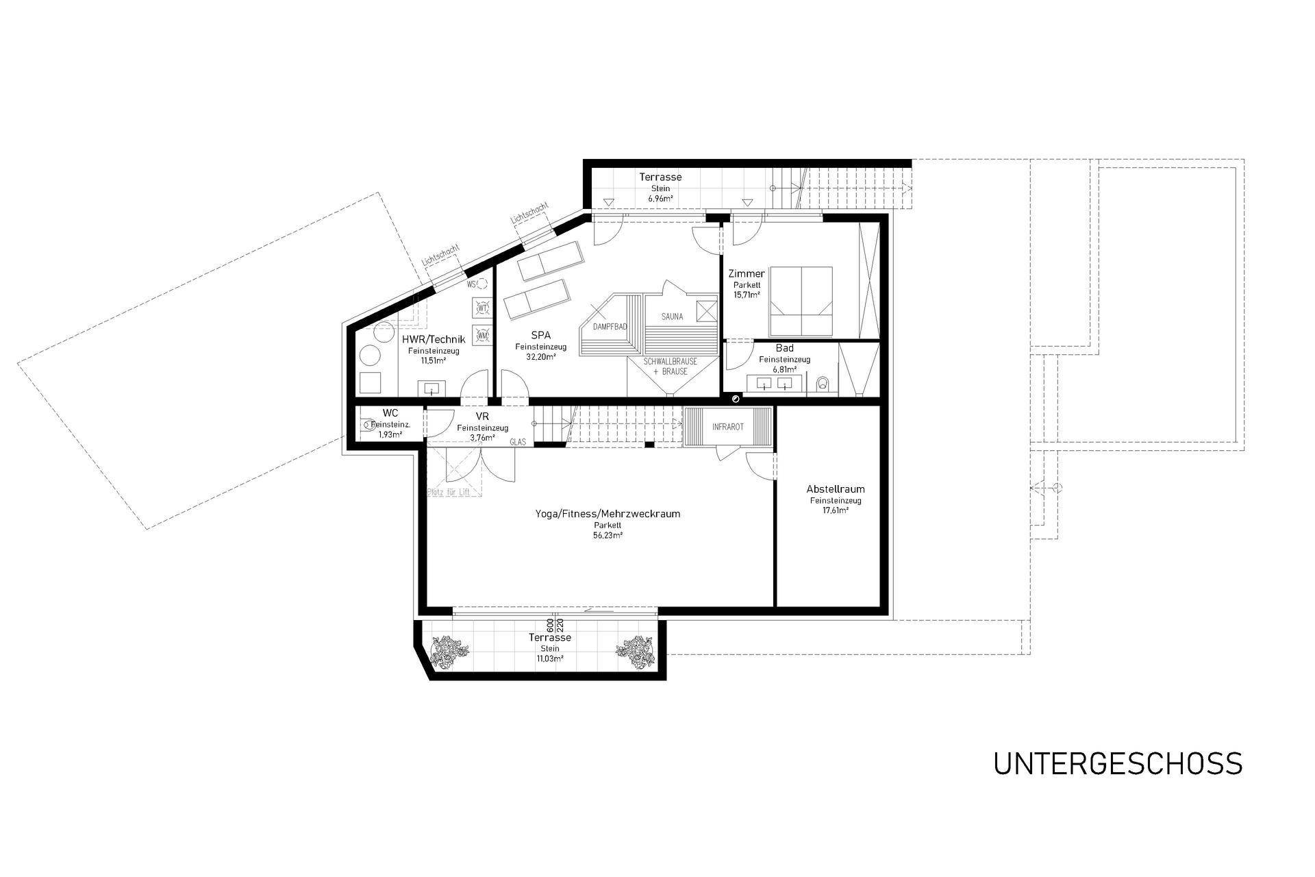 Grundriss des Untergeschosses mit Spa-Bereich, Zimmern und Terrassen.