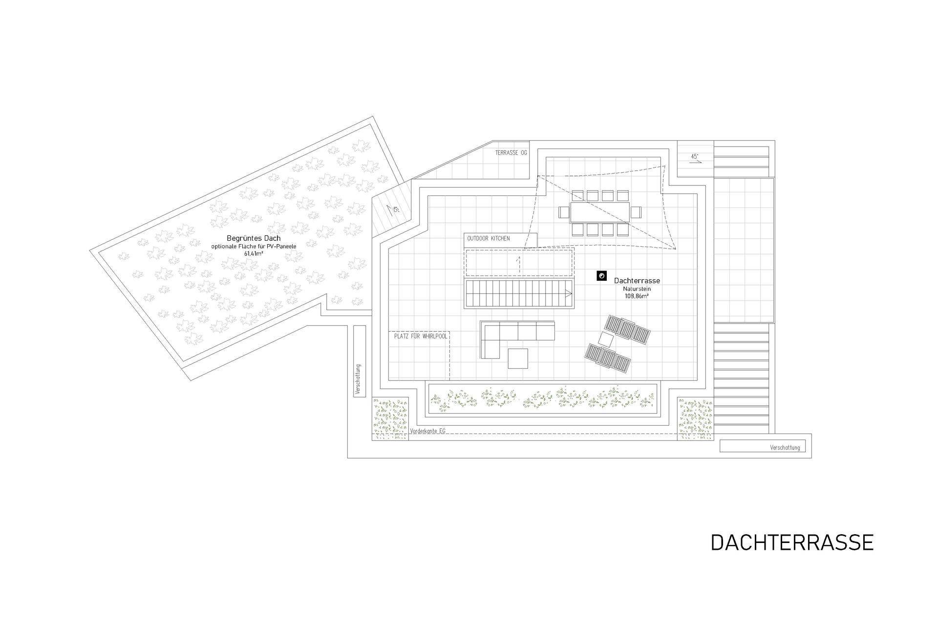 Grundriss der Dachterrasse mit Outdoor-Küche und Sitzbereichen.