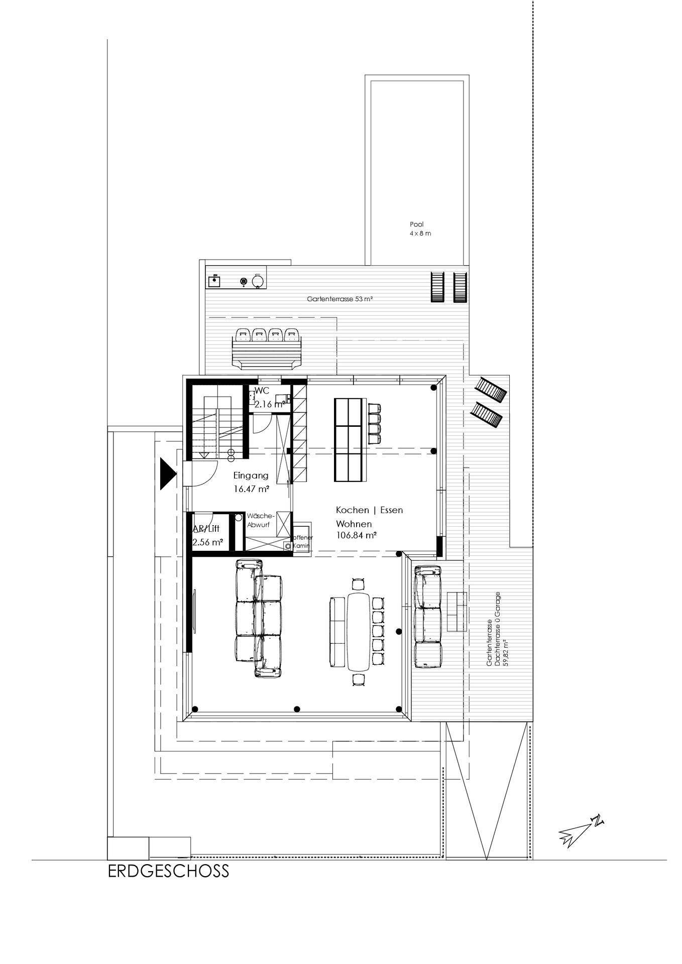 Grundriss des Erdgeschosses mit offenem Wohn-Essbereich, Küche und Poolzugang.