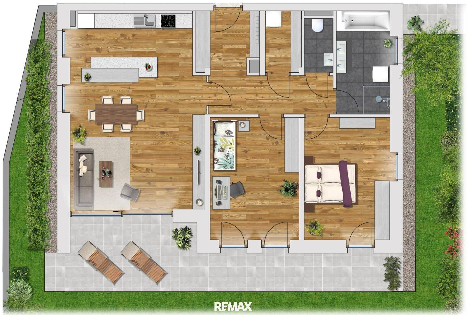 Grundriss einer Wohnung mit offenem Wohnbereich, zwei Schlafzimmern und großer Terrasse.