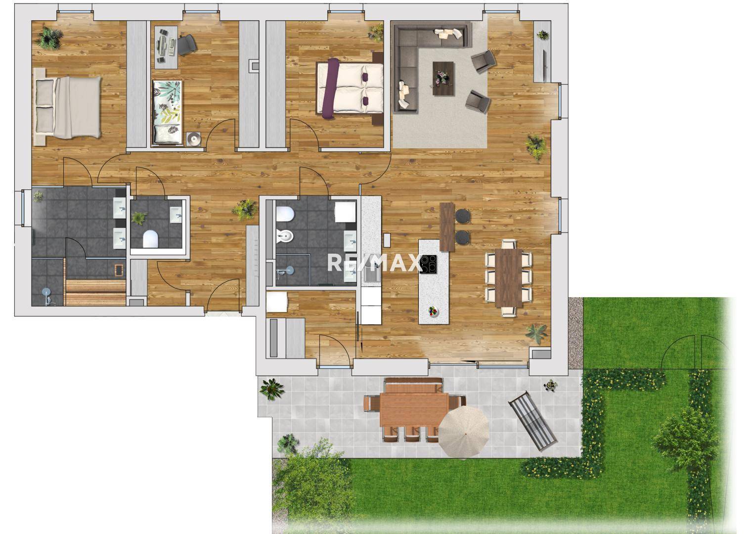 Detaillierter Grundriss einer Wohnung mit drei Schlafzimmern und Garten.
