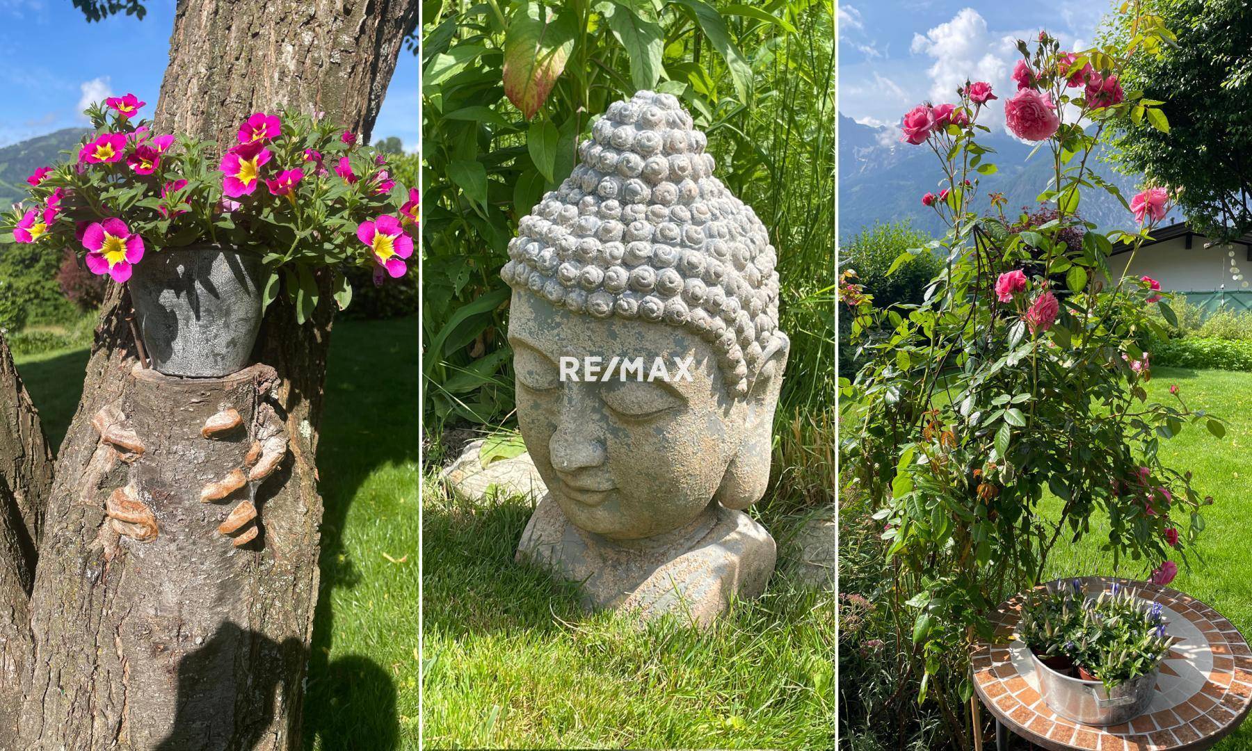 Detailansichten des Gartens mit blühenden Pflanzen, einer Buddha-Statue und dekorativen Elementen.