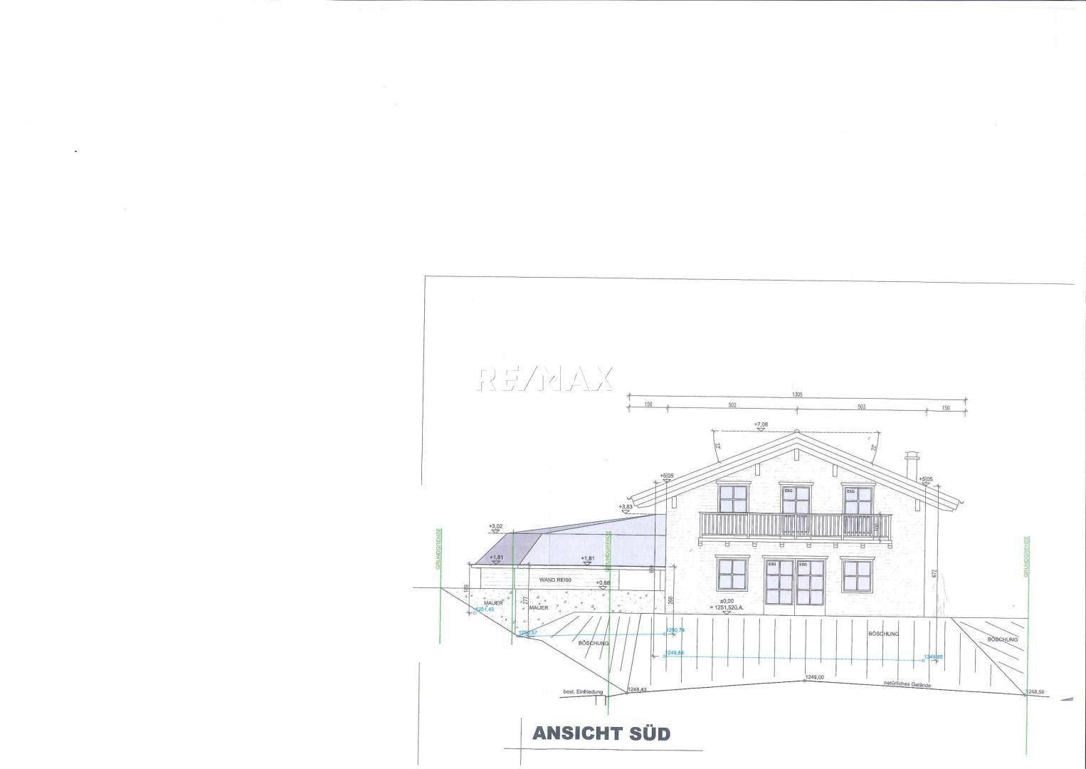 Architektonische Südansicht des Hauses mit mehreren Balkonen und großen Fenstern.