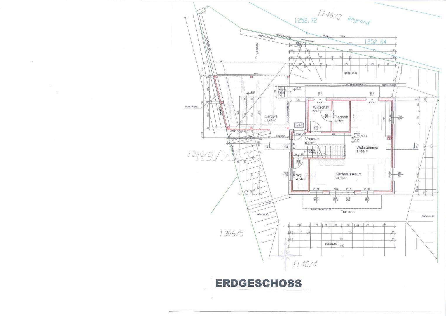 Grundriss des Erdgeschosses mit Küche, Wohnzimmer, Terrasse, Carport und Nebenräumen.