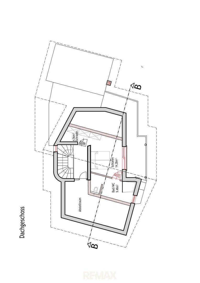 Grundriss des Dachgeschosses mit Schlafzimmer, Bad und Abstellraum.