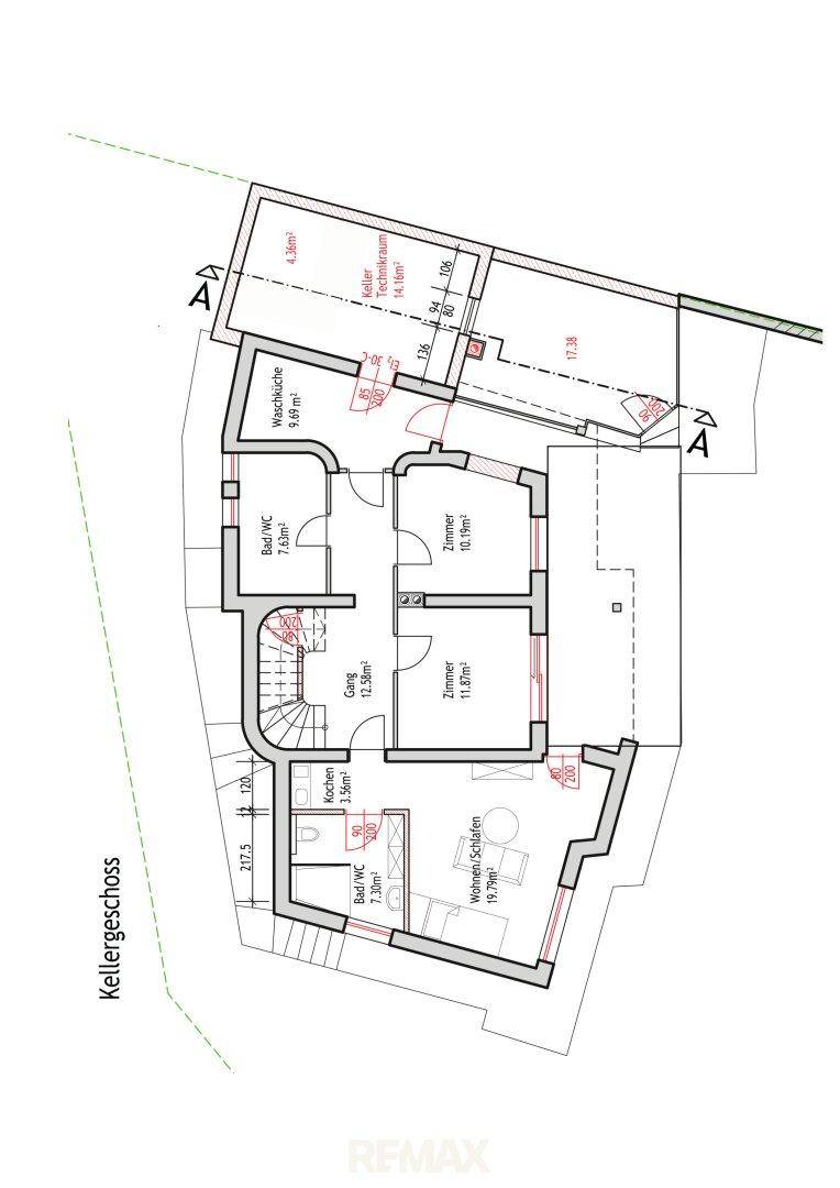 Grundriss des Kellergeschosses mit mehreren Zimmern, Bädern und Waschküche.