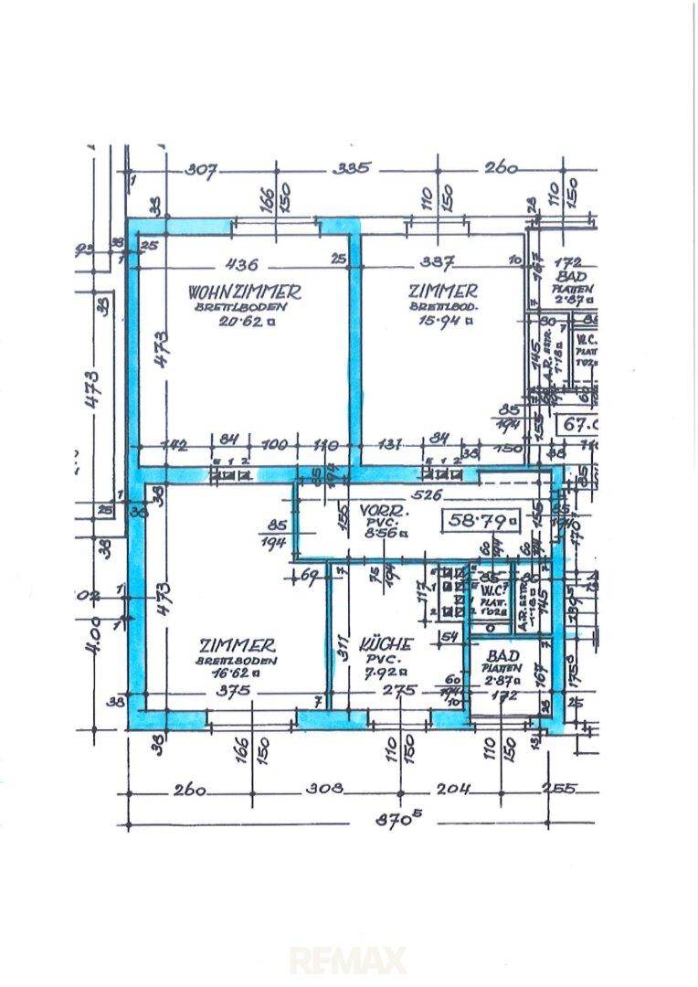 Detaillierter Grundrissplan mit Raumaufteilung und Bemaßungen der Wohneinheit.