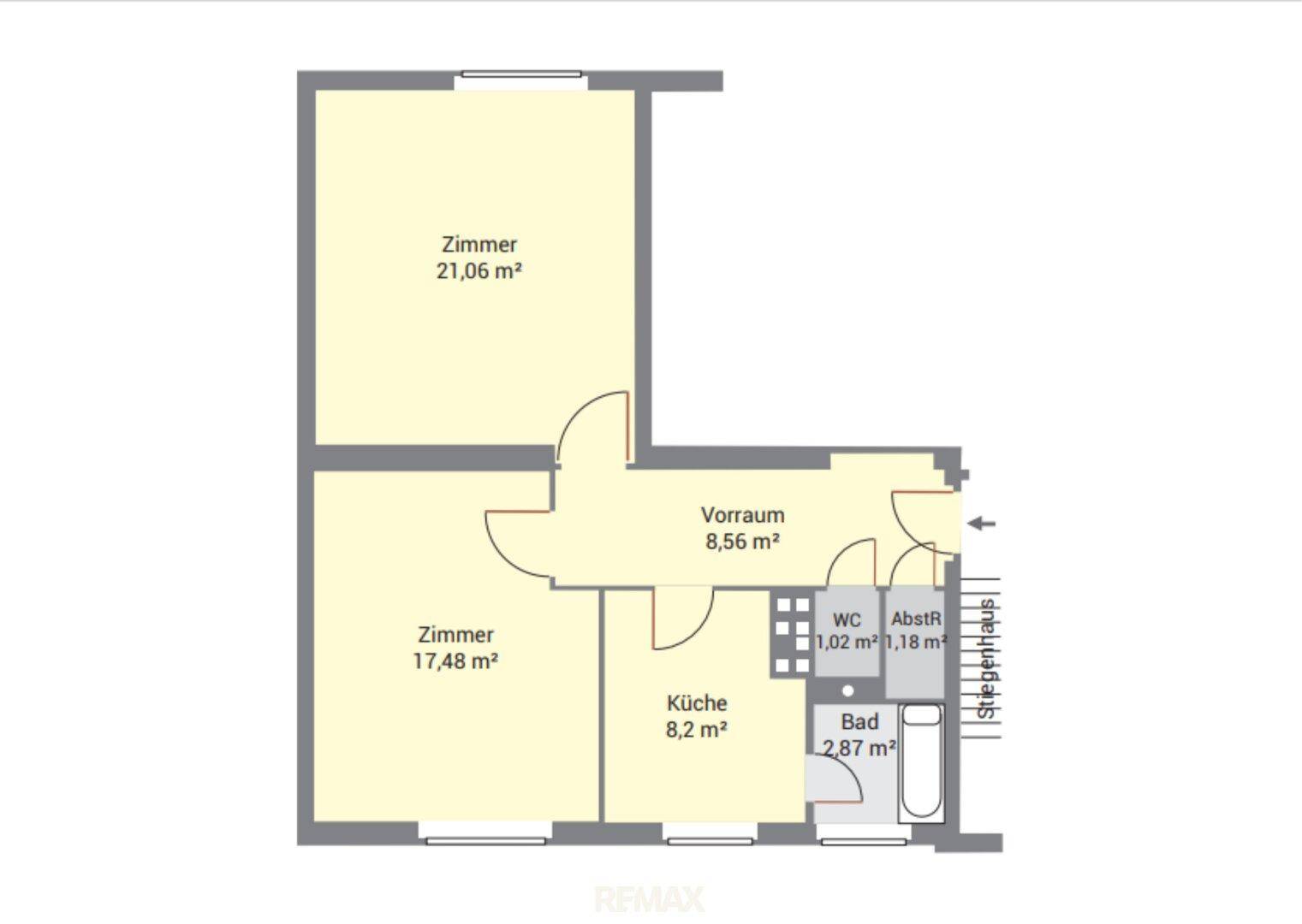 Grundriss der Wohnung mit zwei Zimmern, Küche, Bad und separatem WC.