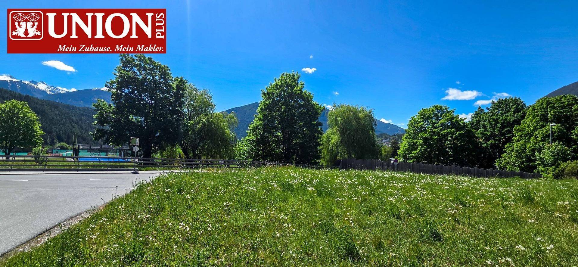 Weitläufige Wiese mit einer Straße am Rand und Bäumen im Hintergrund, mit Bergen unter einem strahlend blauen Himmel.