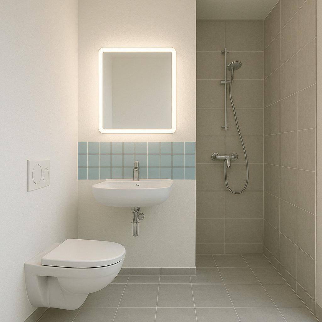 Modernes Badezimmer mit begehbarer Dusche, Wand-WC und beleuchtetem Spiegel.