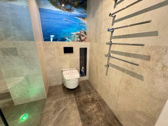 Modernes WC mit wandhängender Toilette, Fliesen und beheiztem Handtuchhalter.