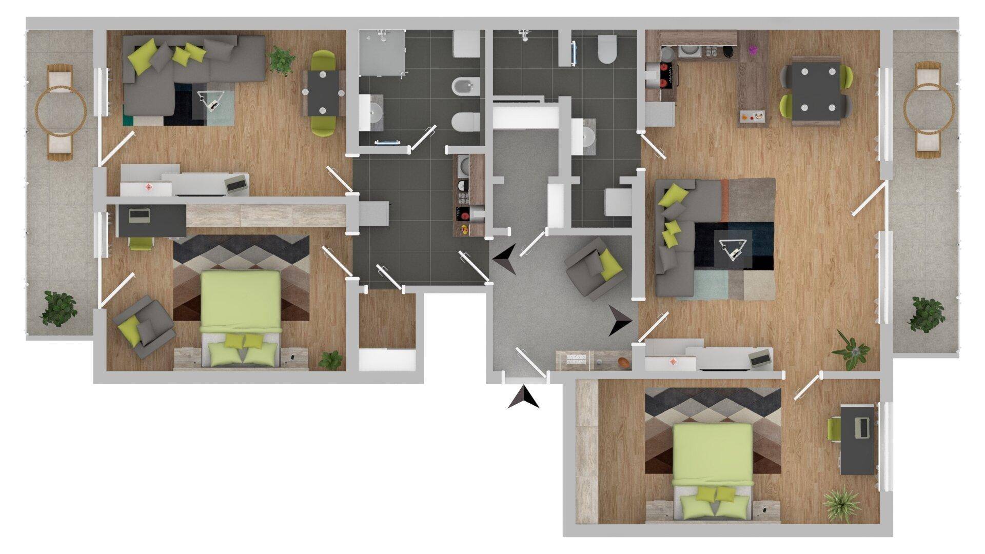 Übersichtlicher Grundriss einer Wohnung mit mehreren Zimmern und Balkonen.