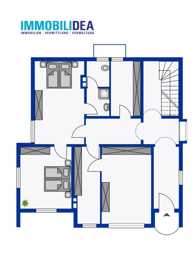 Grundriss des Obergeschosses mit zwei Schlafzimmern, Bad, WC und Treppenaufgang.
