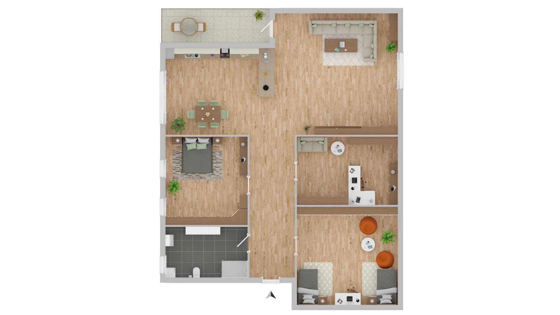 Detaillierter Grundriss einer Wohnung mit mehreren Zimmern und Balkon.