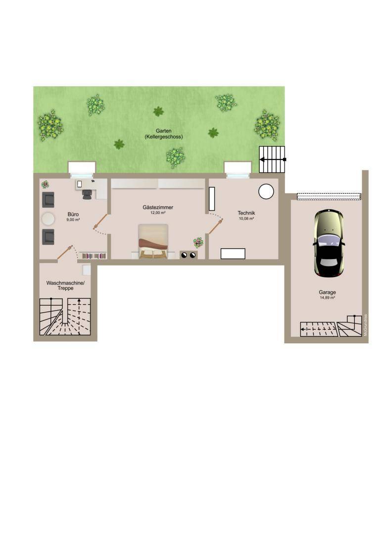 Grundriss des Kellergeschosses mit Büro, Gästezimmer, Technikraum und einer Garage.