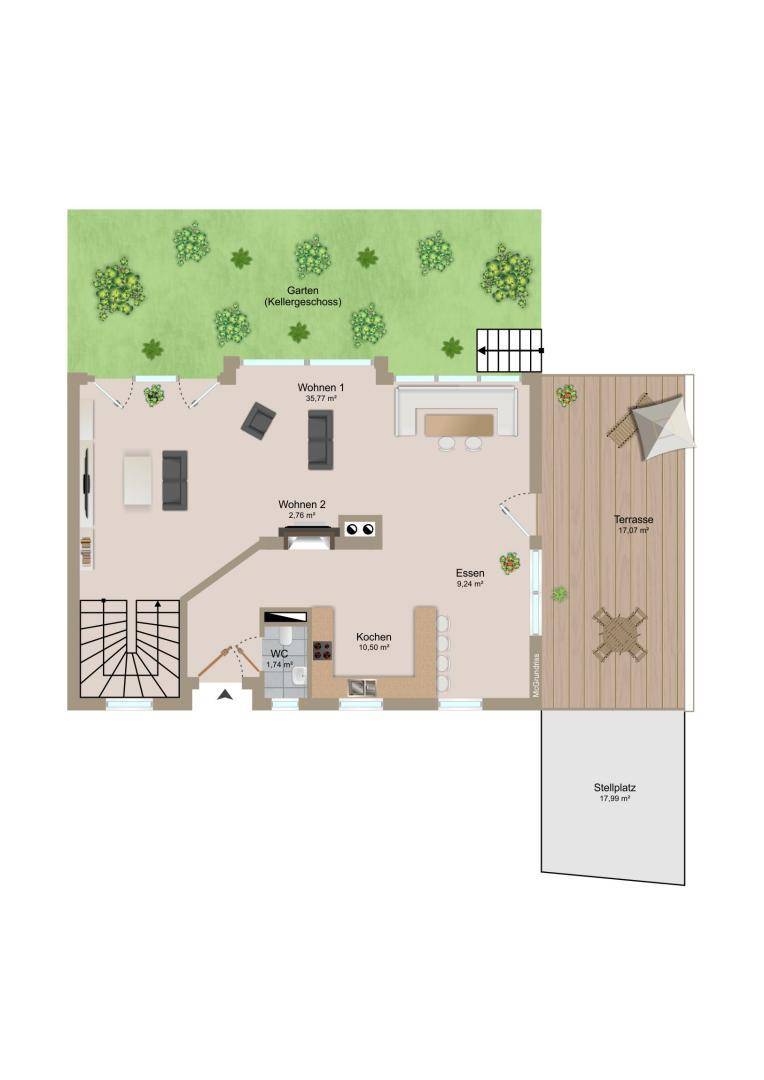 Grundriss des Erdgeschosses mit offenem Wohn-, Ess- und Kochbereich, Terrasse und Garten.