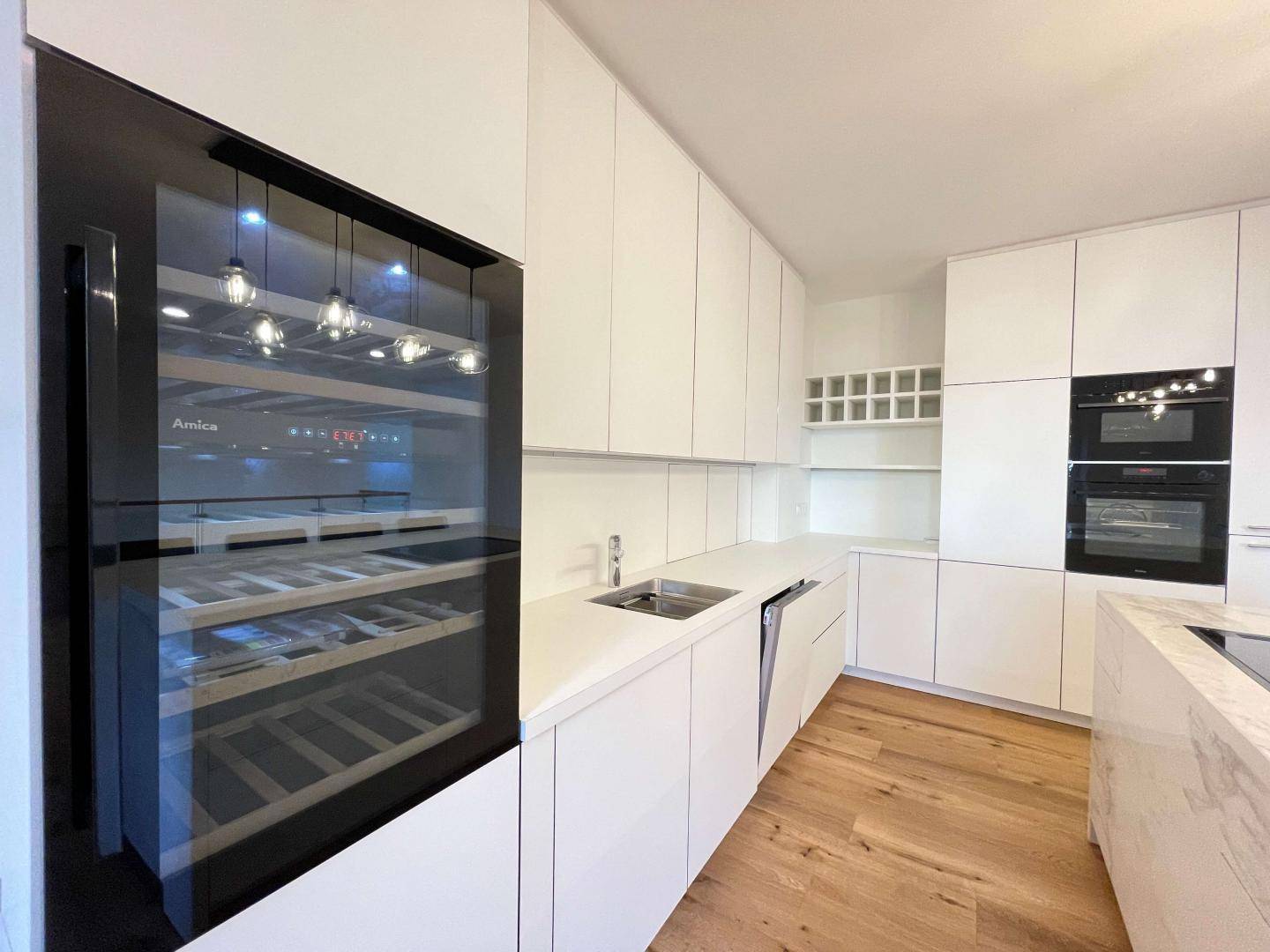 Detailansicht der modernen Küche mit integriertem Weinkühlschrank, Spüle und Geschirrspüler.