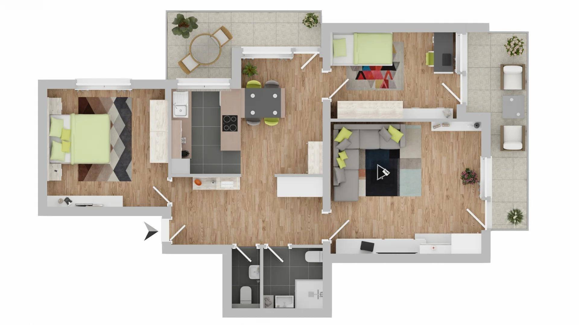 Detaillierter Grundriss einer Wohnung mit mehreren Zimmern, offener Küche und Balkonen.