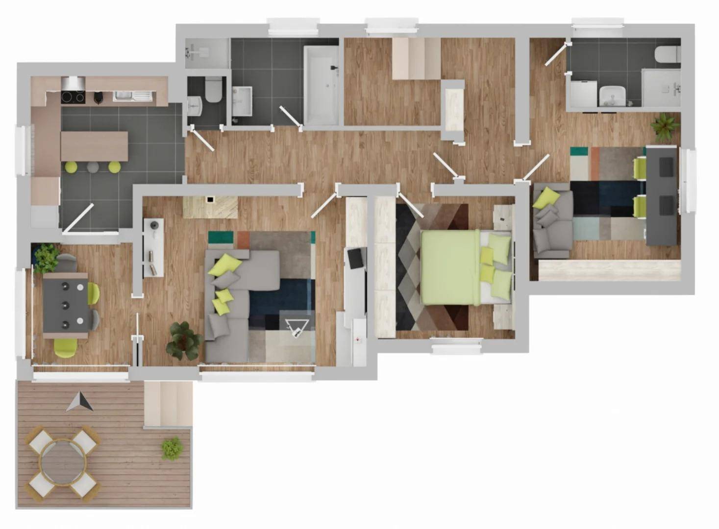 Detaillierter Grundriss einer Wohnung mit mehreren Zimmern und einer Außenterrasse.