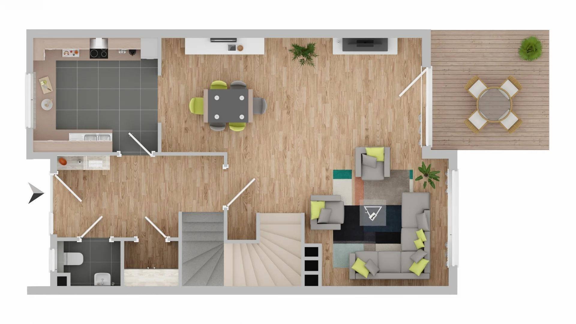 Grundriss des Erdgeschosses mit offener Küche, Essbereich und Terrasse.