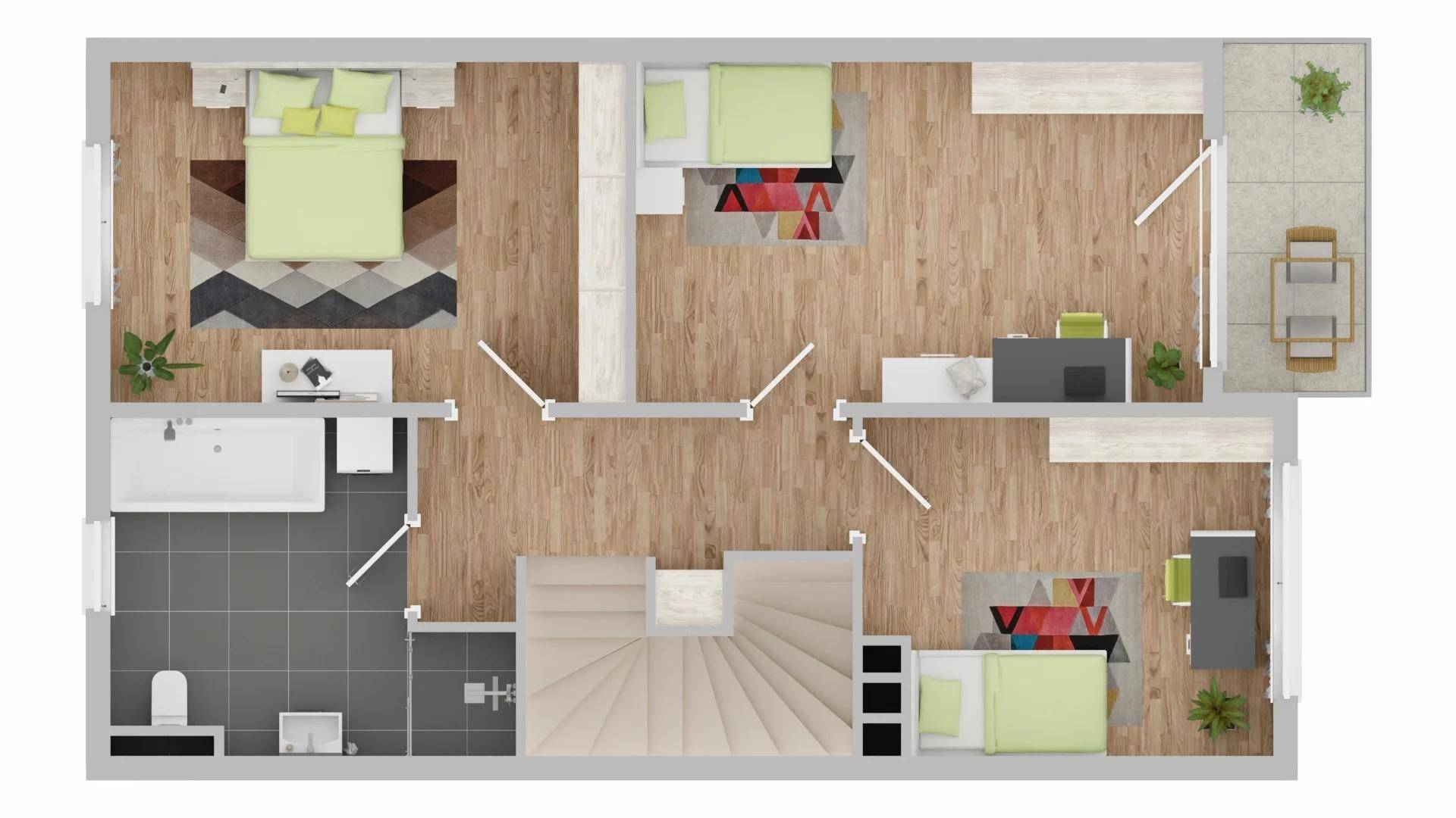 Grundriss des Obergeschosses mit Schlafzimmern, Badezimmer und Balkon.