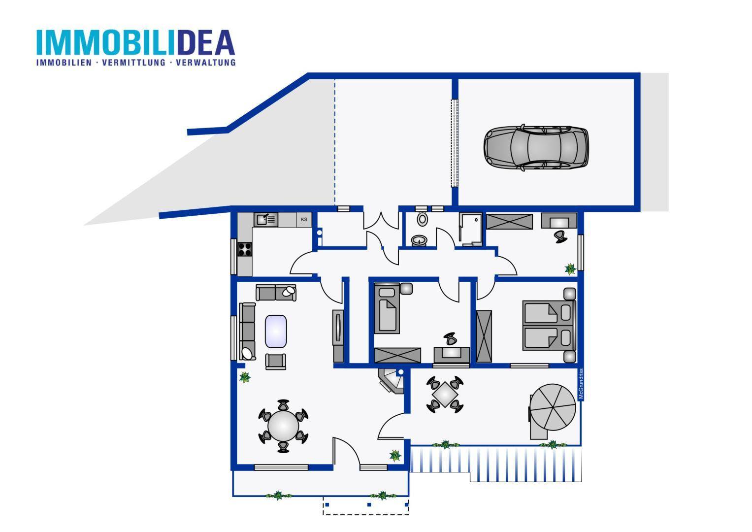 Detaillierter Grundriss mit Raumaufteilung, Möbeln und integrierter Garage.