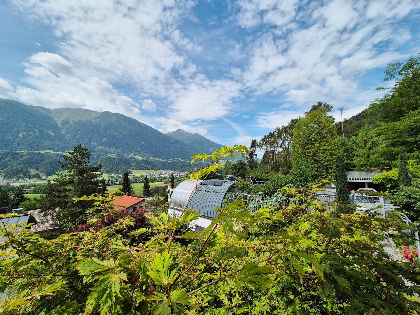 Üppiger grüner Garten mit Bäumen und einem weiten Blick auf die umliegenden Berge.