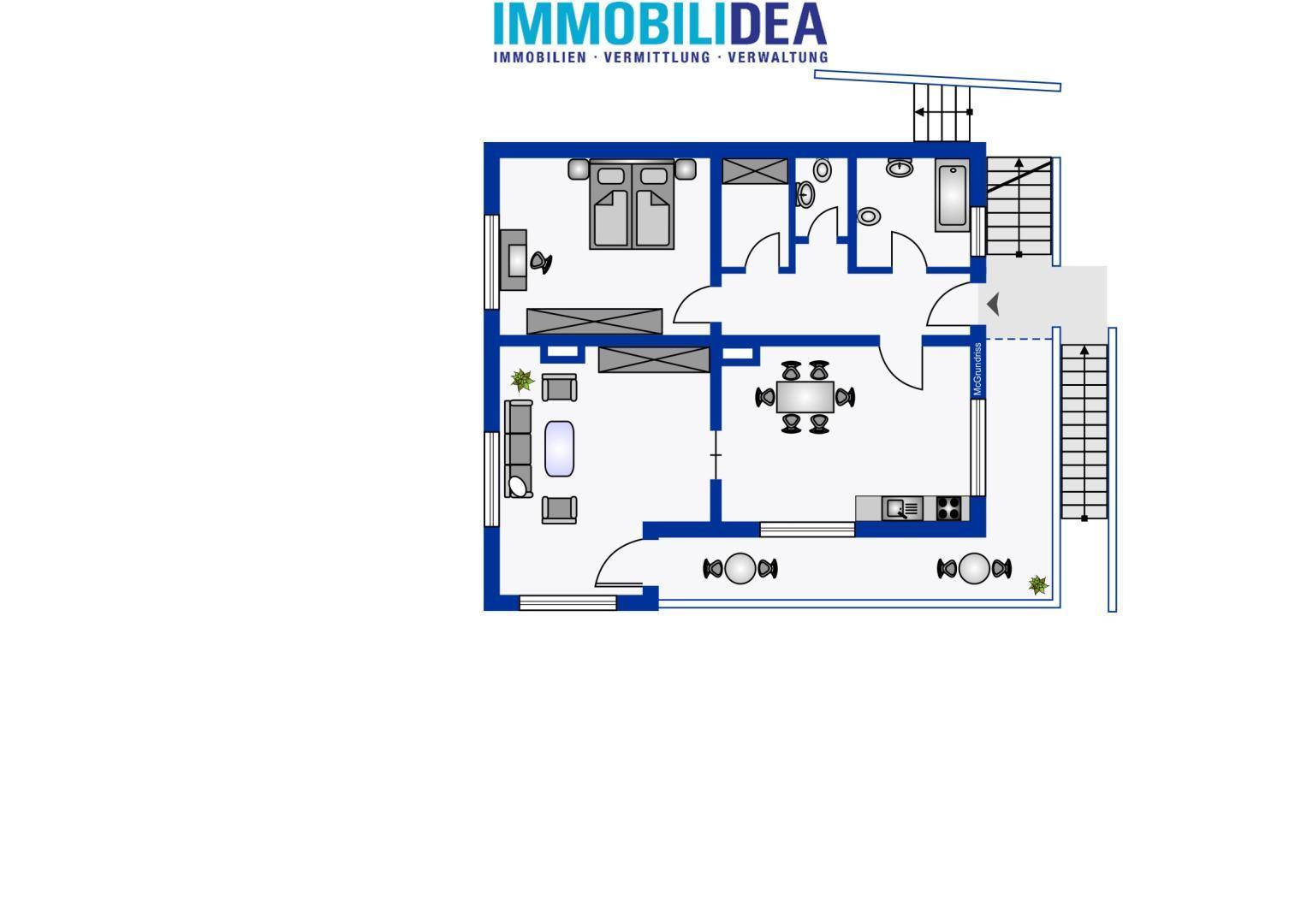 Grundriss einer Wohnung mit Schlafzimmer, Bad, WC, offenem Wohnbereich und Balkonzugang.