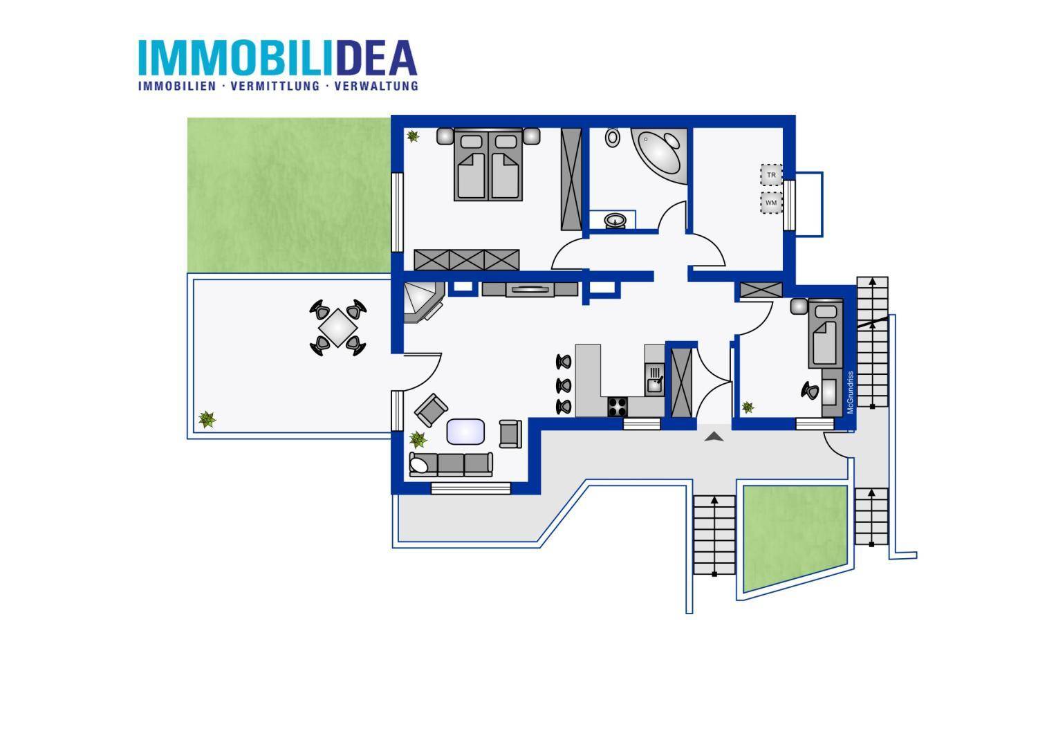 Detaillierter Grundriss einer Wohnung mit mehreren Zimmern, Bad und Terrasse.