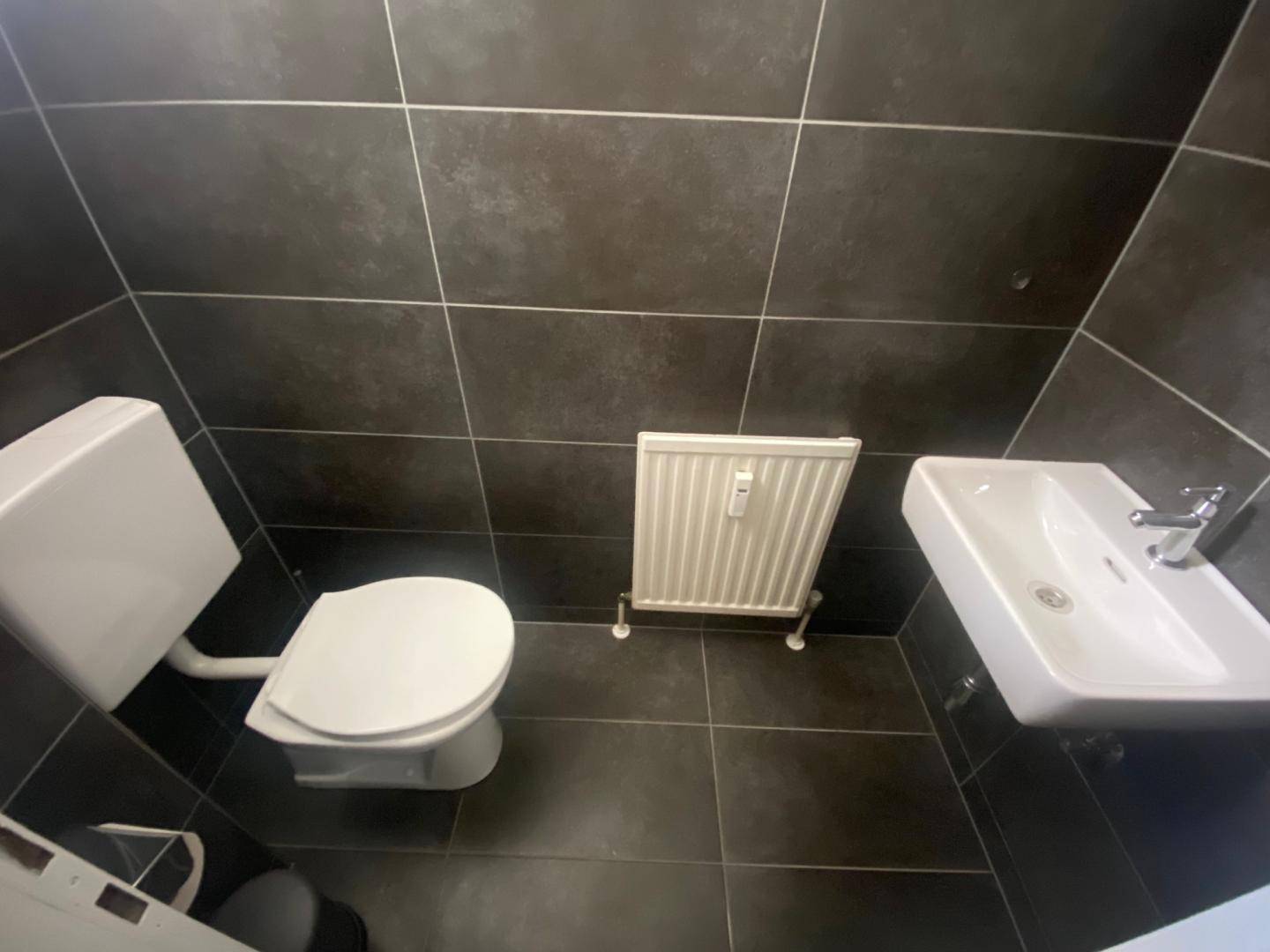 Modernes Gäste-WC mit dunklen Fliesen, wandmontierter Toilette und kleinem Waschbecken.