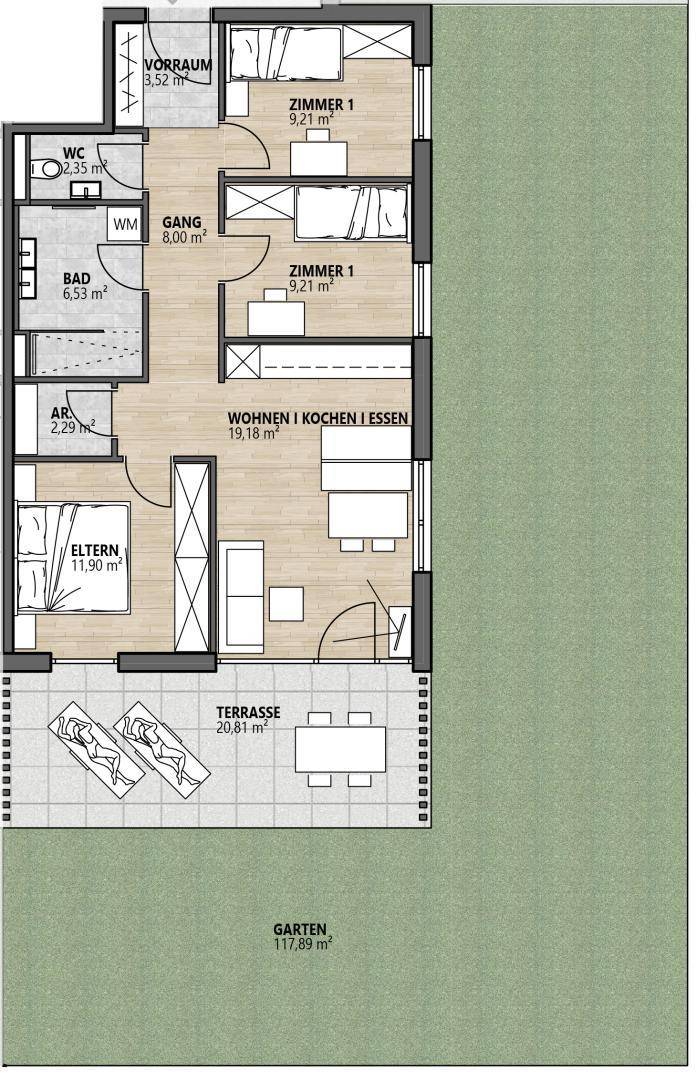 Grundriss einer modernen Wohnung mit offenem Wohnbereich, Terrasse und privatem Gartenanteil.