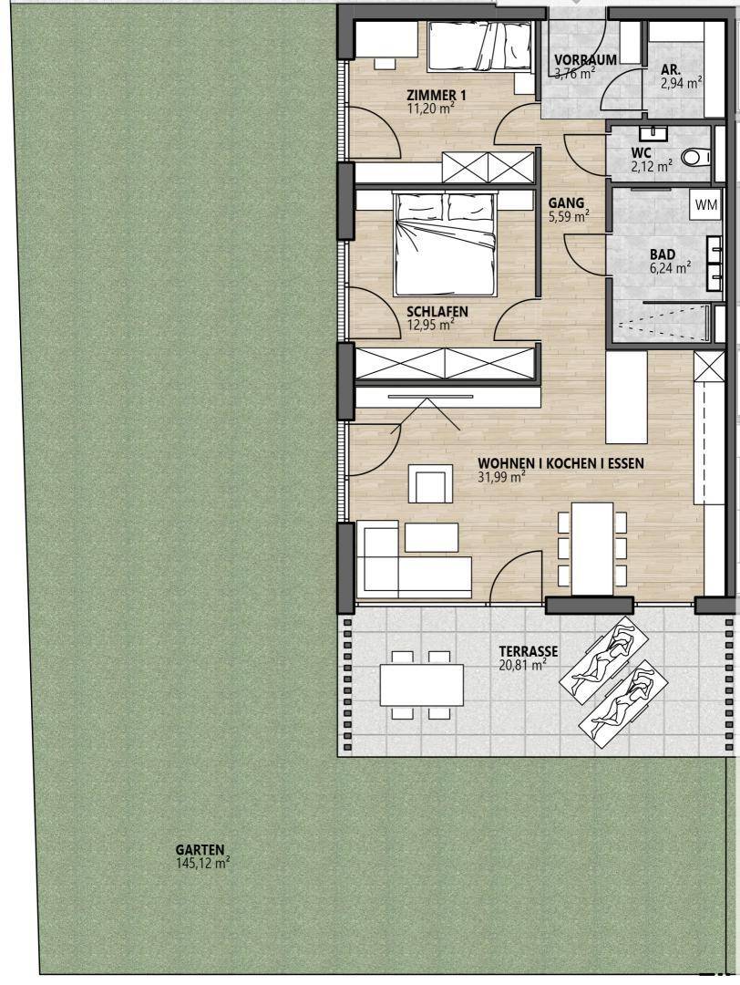 Grundriss einer Wohnung mit offenem Wohn-, Koch- und Essbereich, zwei Schlafzimmern, Terrasse und Garten.