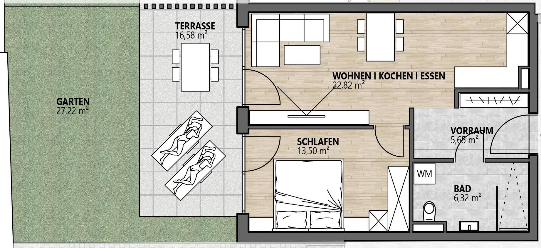 Grundriss einer Wohnung mit offenem Wohn-Essbereich, Schlafzimmer, Bad, Terrasse und Garten.