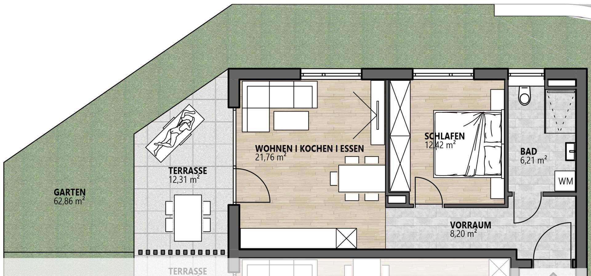 Grundriss einer Wohnung mit offenem Wohnbereich, Schlafzimmer, Bad und direktem Zugang zu Terrasse und Garten.