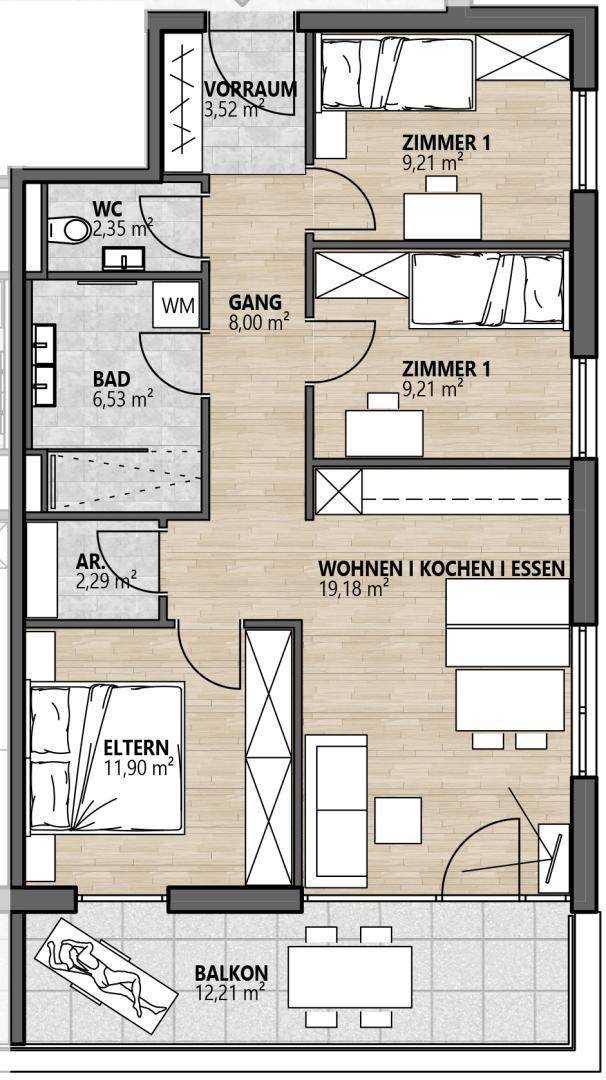 Grundriss einer Wohnung mit offenem Wohnbereich, drei Zimmern, Bad, WC und Balkon.