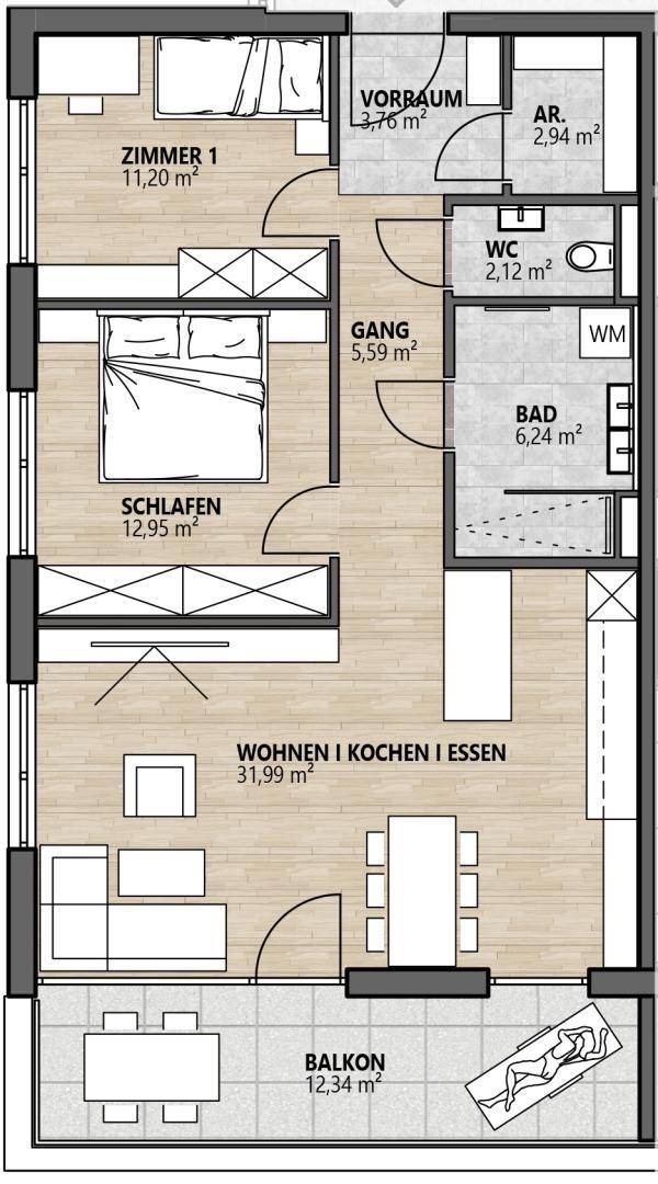 Grundriss einer Wohnung mit offenem Wohnbereich, zwei Schlafzimmern und einem großen Balkon.