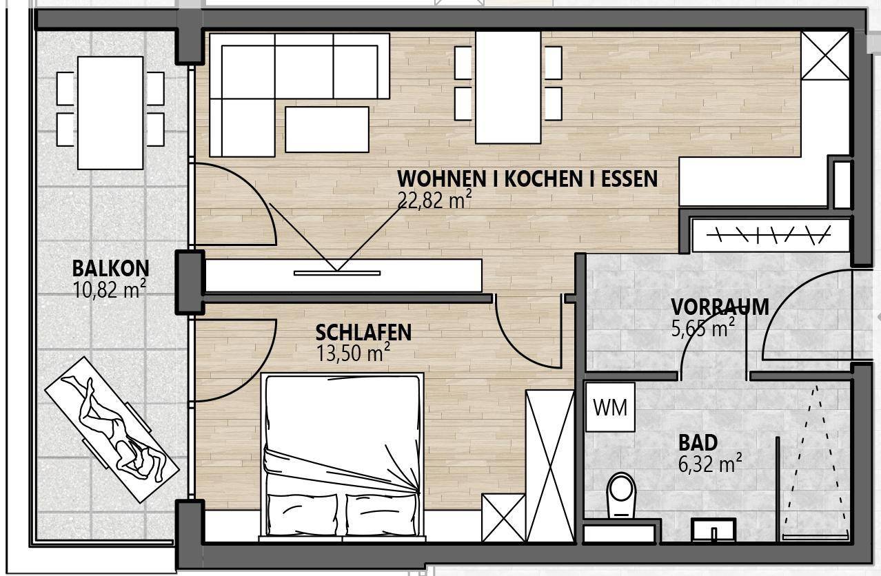 Grundriss einer Wohnung mit offenem Wohnbereich, Schlafzimmer und großem Balkon.