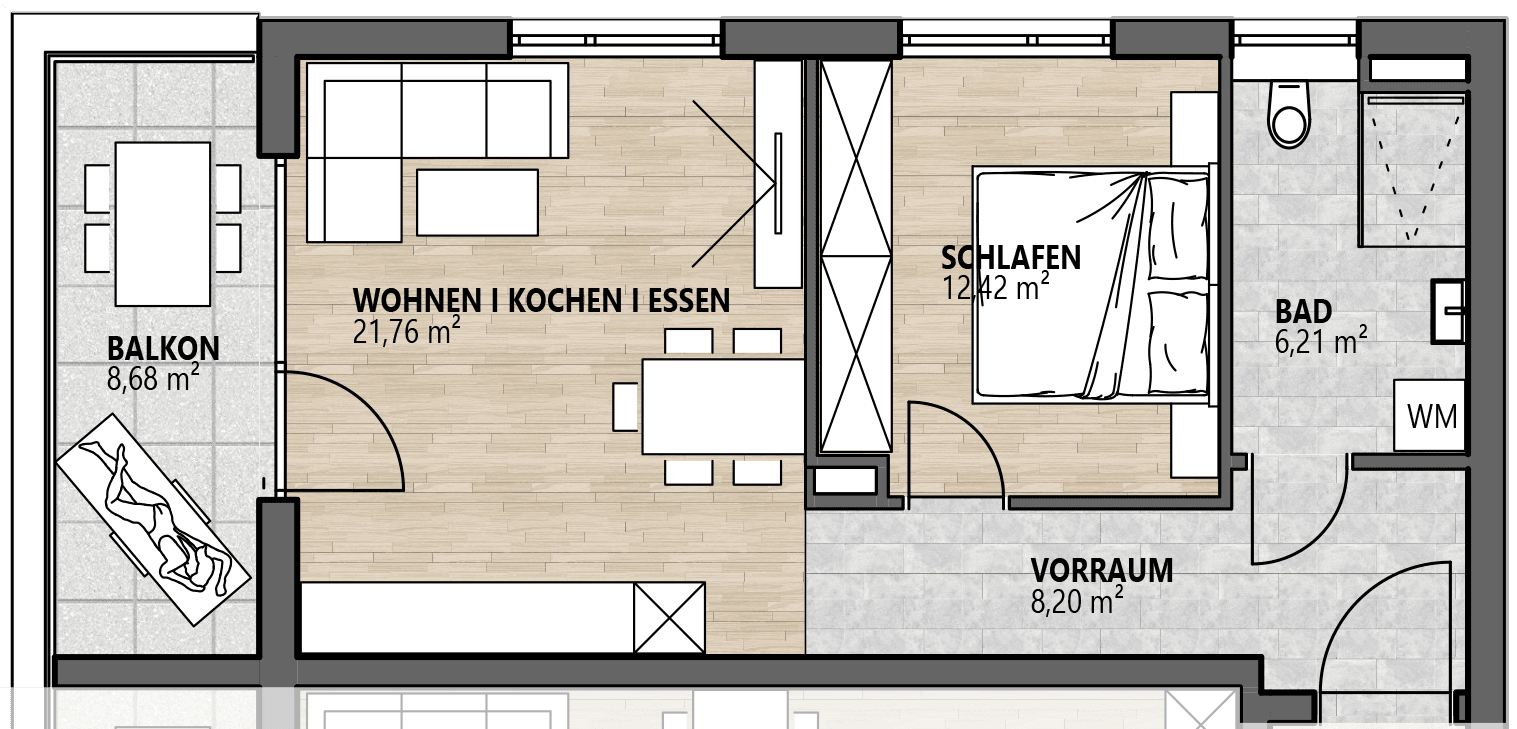 Grundriss einer Wohnung mit offenem Wohn-, Koch- und Essbereich, einem Schlafzimmer und Balkon.