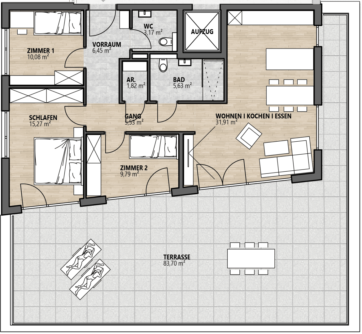 Detaillierter Grundriss mit drei Zimmern, offenem Wohnbereich und großer Terrasse.