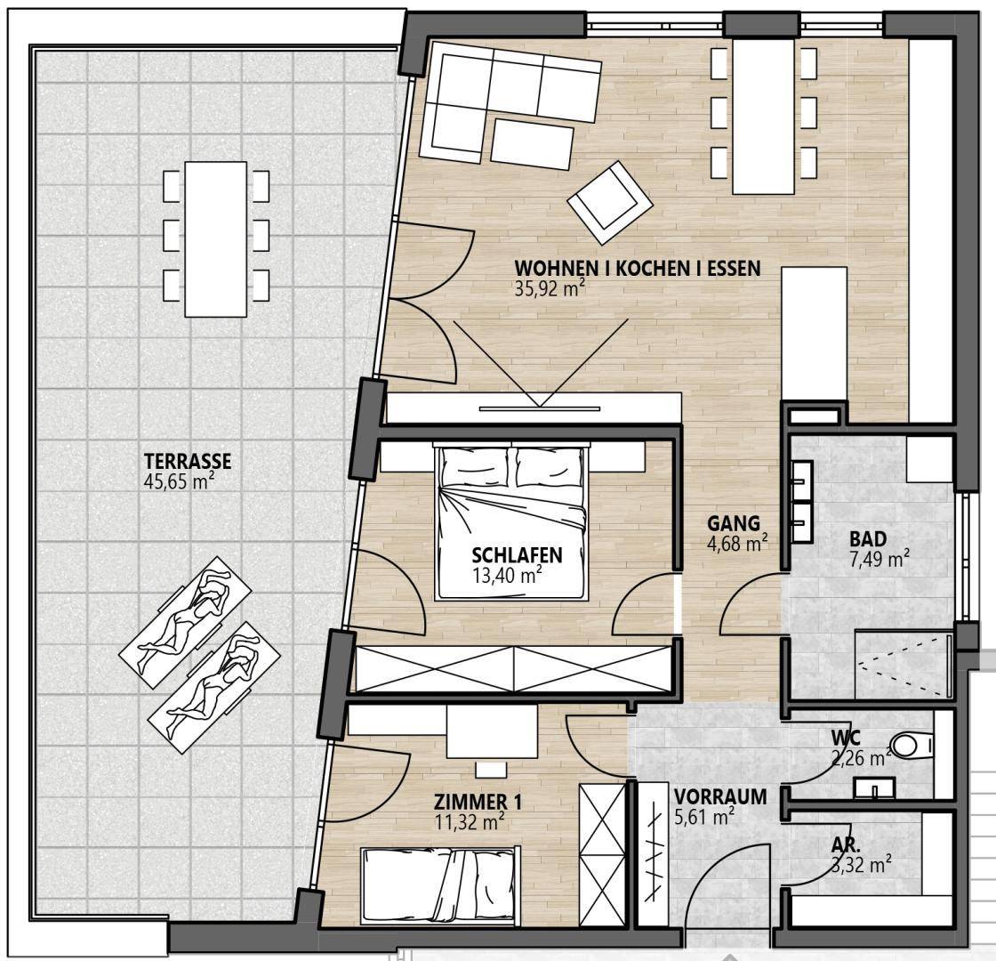 Grundriss einer Wohnung mit offenem Wohn-, Koch- und Essbereich sowie großer Terrasse.