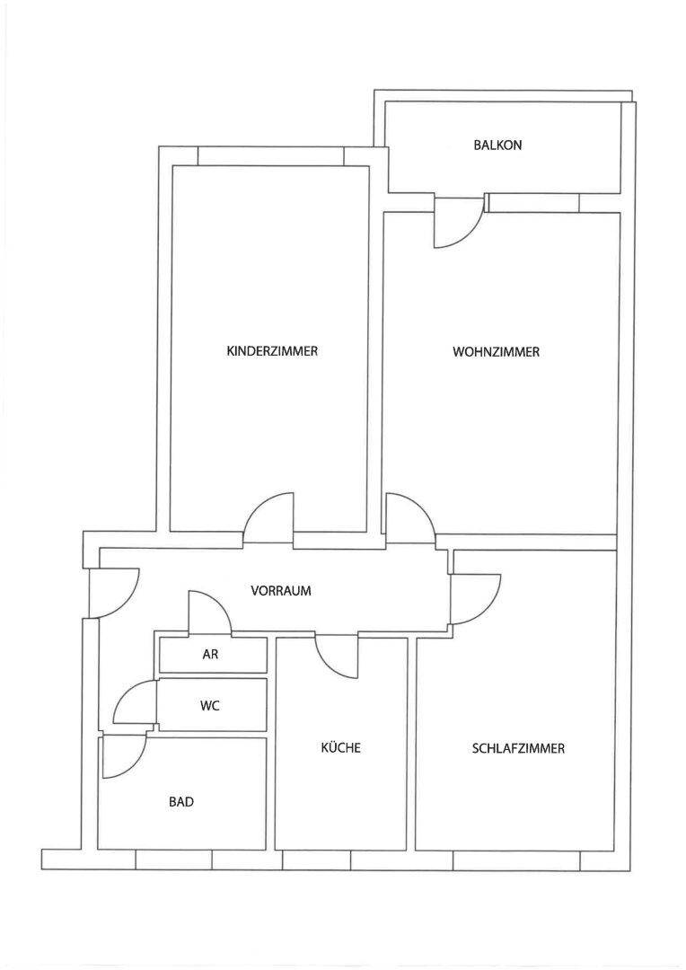 Grundriss einer Wohnung mit Balkon, separatem WC, Bad und mehreren Schlafzimmern.