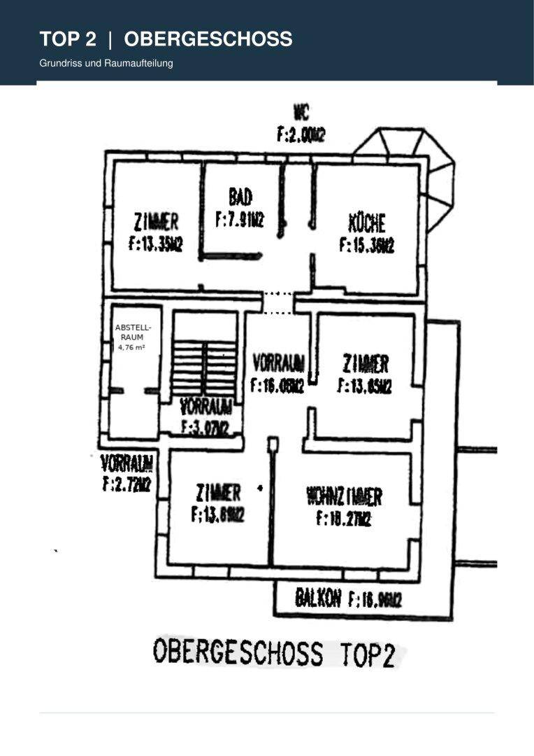 Grundriss des Obergeschosses (Top 2) mit Zimmern, Bad, WC, Küche und Balkon.