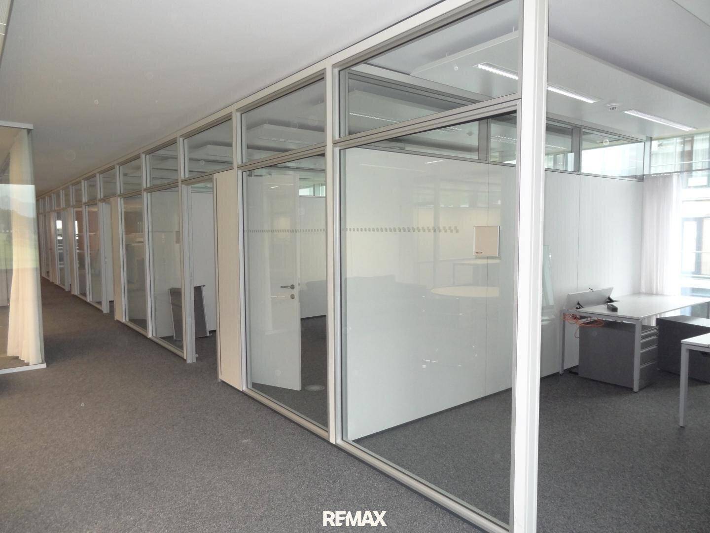 Langer Flur mit modernen Glasbüros und Teppichboden in einem zeitgenössischen Bürogebäude.
