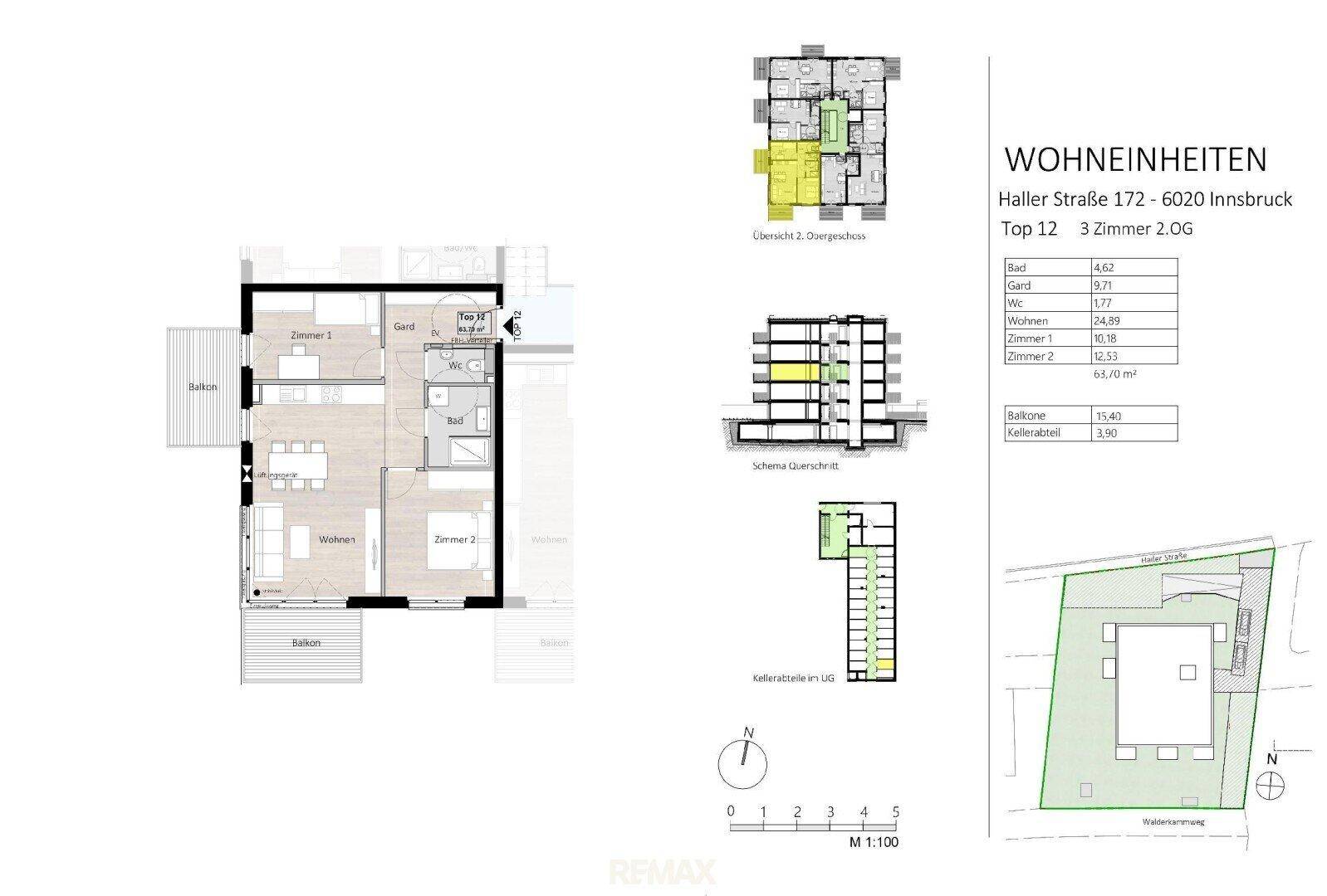 Detaillierter Grundriss einer Wohneinheit mit Balkon und Lageplan des Gebäudes.