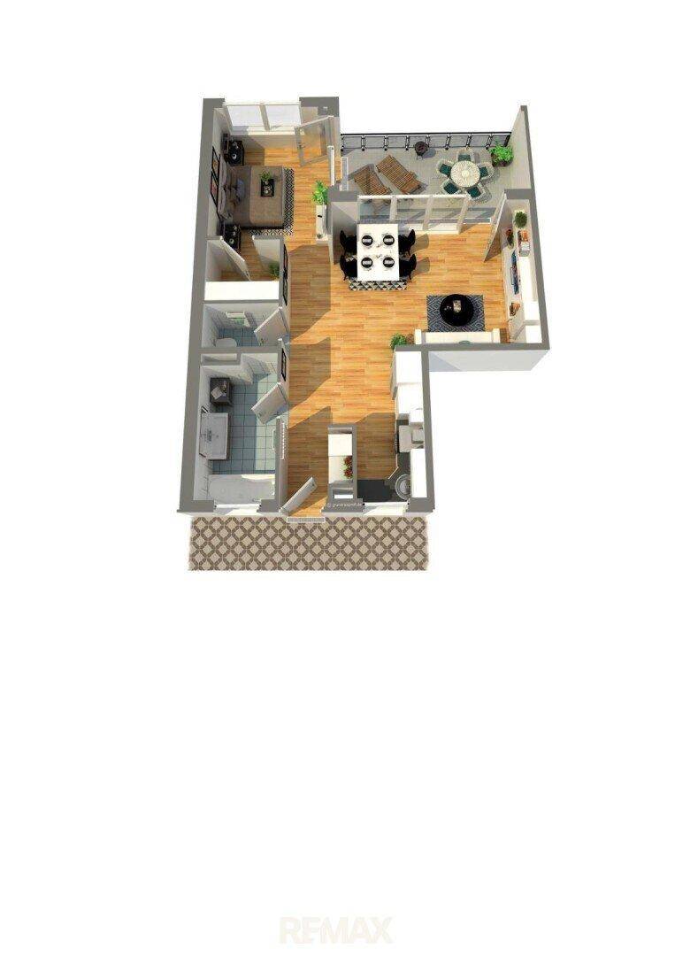 Detaillierter Grundriss der Wohnung mit offener Raumaufteilung und Balkon.